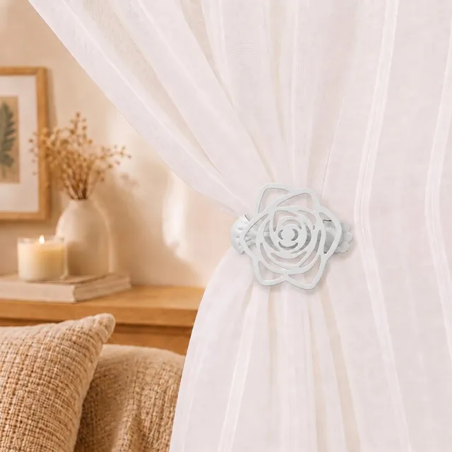 evideco-rose-blanche-pinces-rideau-blanc-lot-de-2-sans-per-age image 1