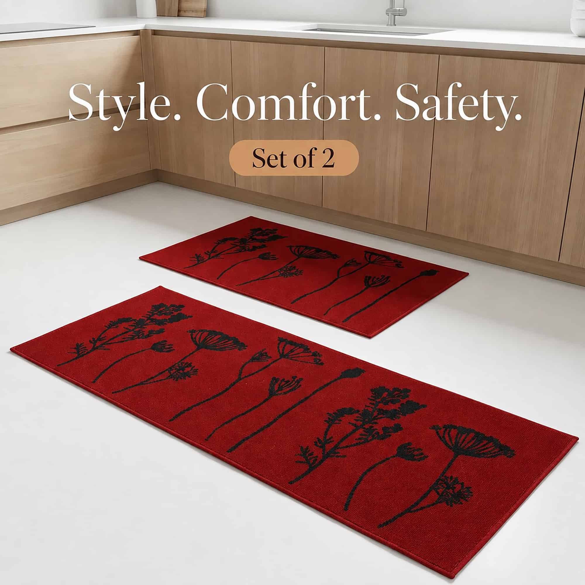 evideco-tapis-cuisine-rouge-noir-fleurs-lot-de-2-effet-laine-lavable image 7