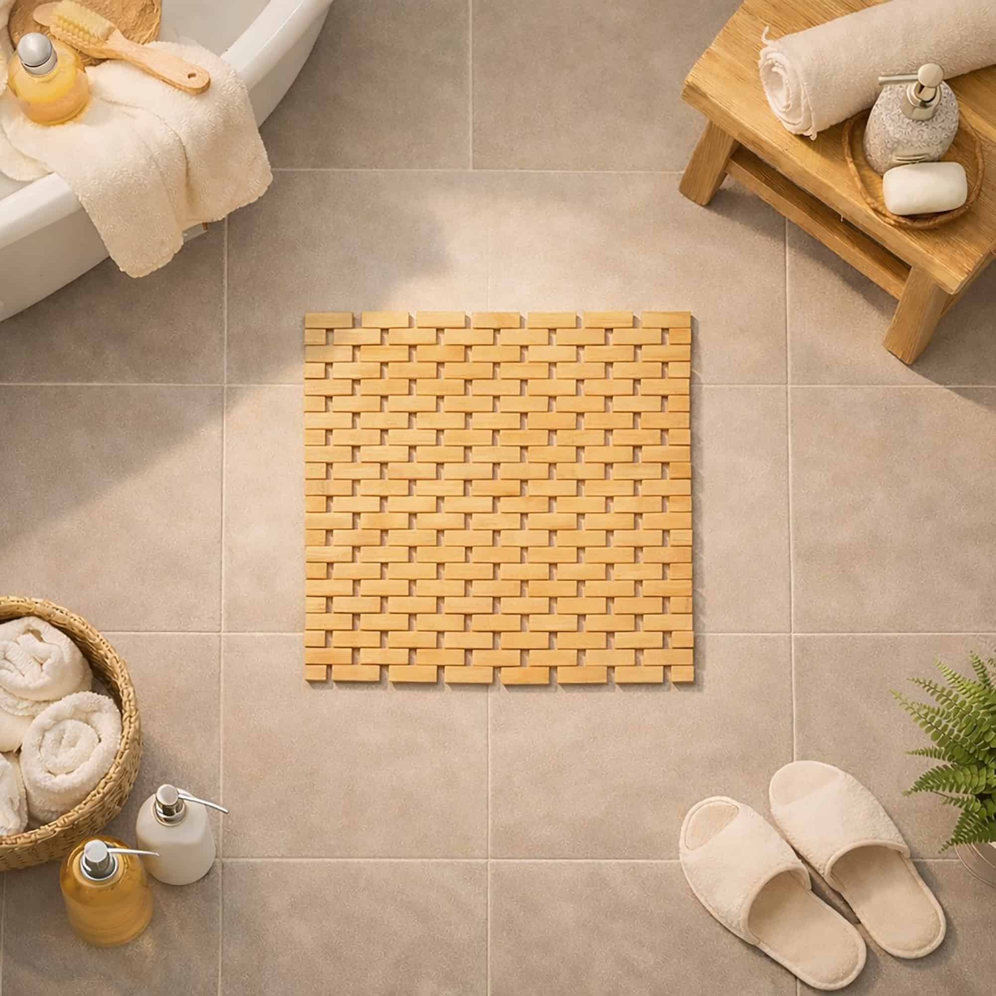 evideco-bathroom-mats-square-tapis-de-bain-bambou-45x45-marron-clair image 1