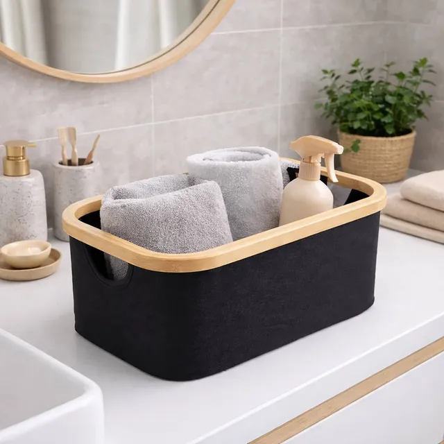 evideco-bathroom-storage-panier-pliable-noir-bambou-15x10x7 image 1