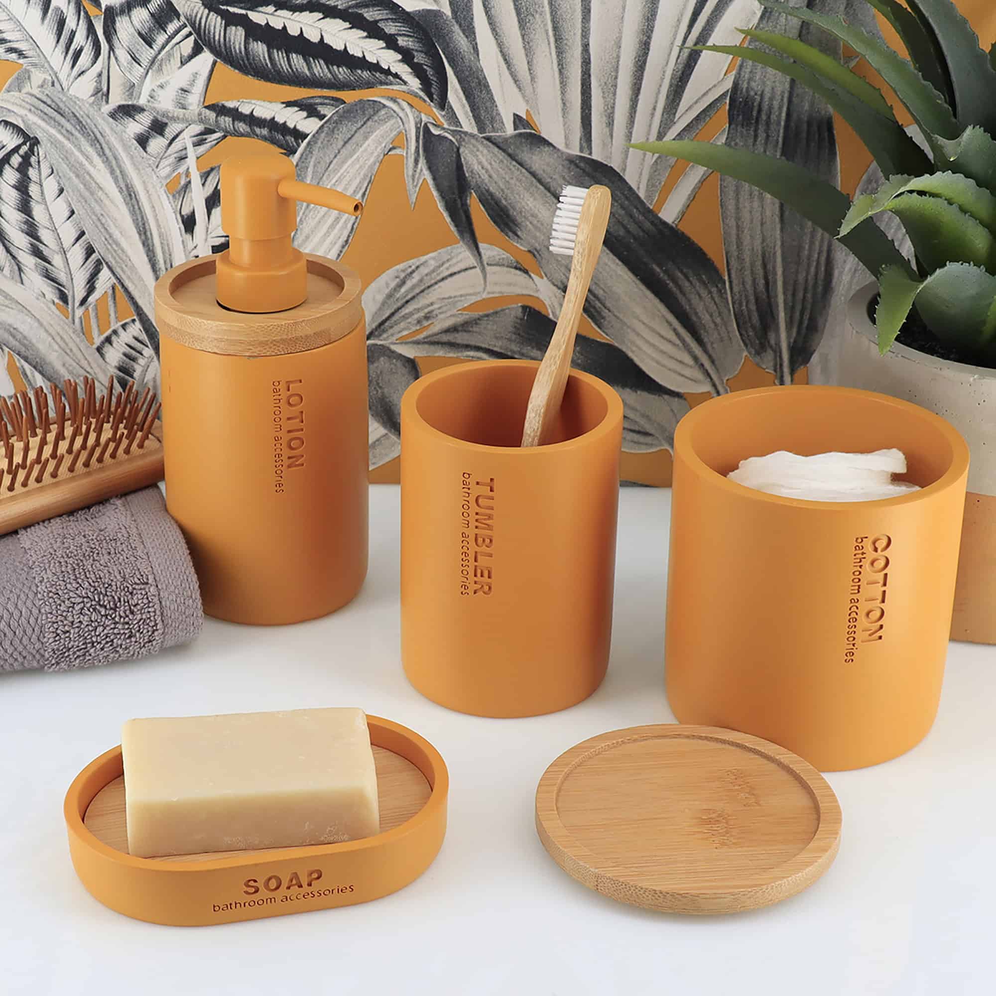evideco-bathroom-accessories-distributeur-savon-jaune-moutarde-bambou image 4
