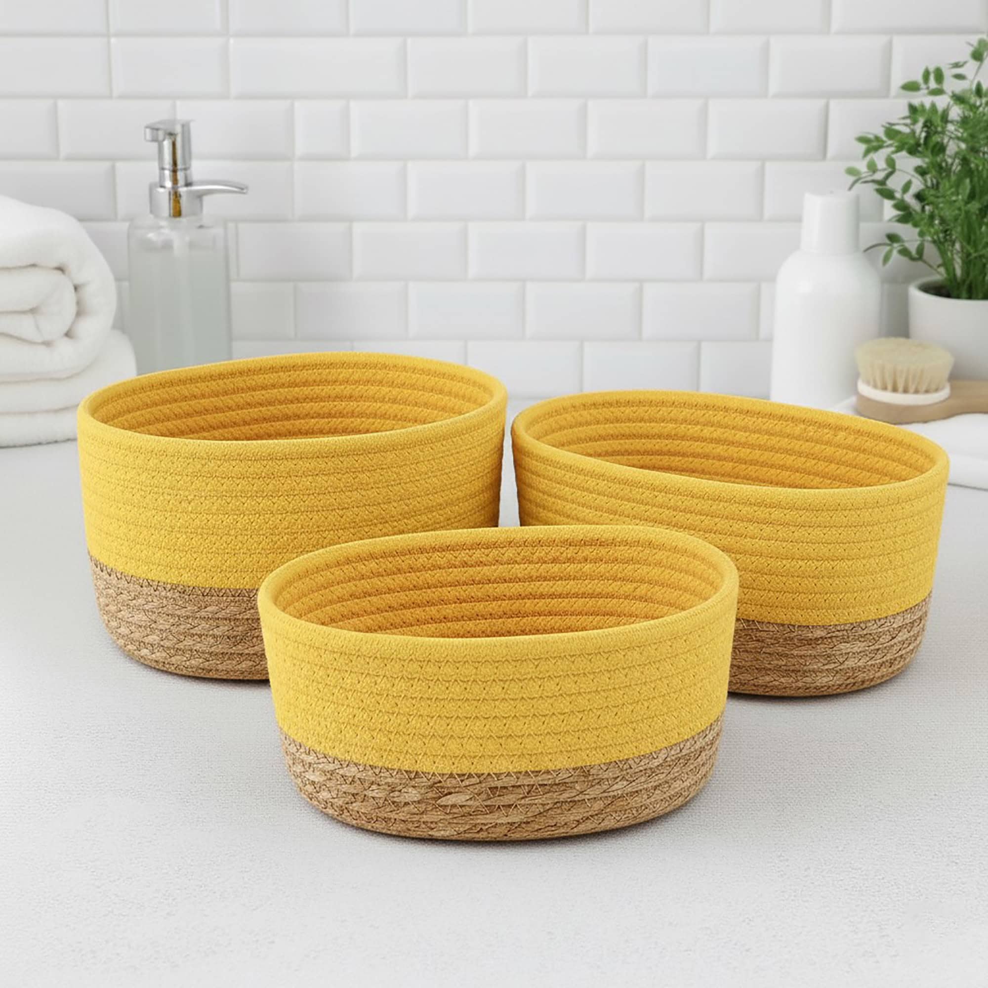 evideco-bathroom-storage-paniers-coton-jaune-empilables-lot-de-3 image 2