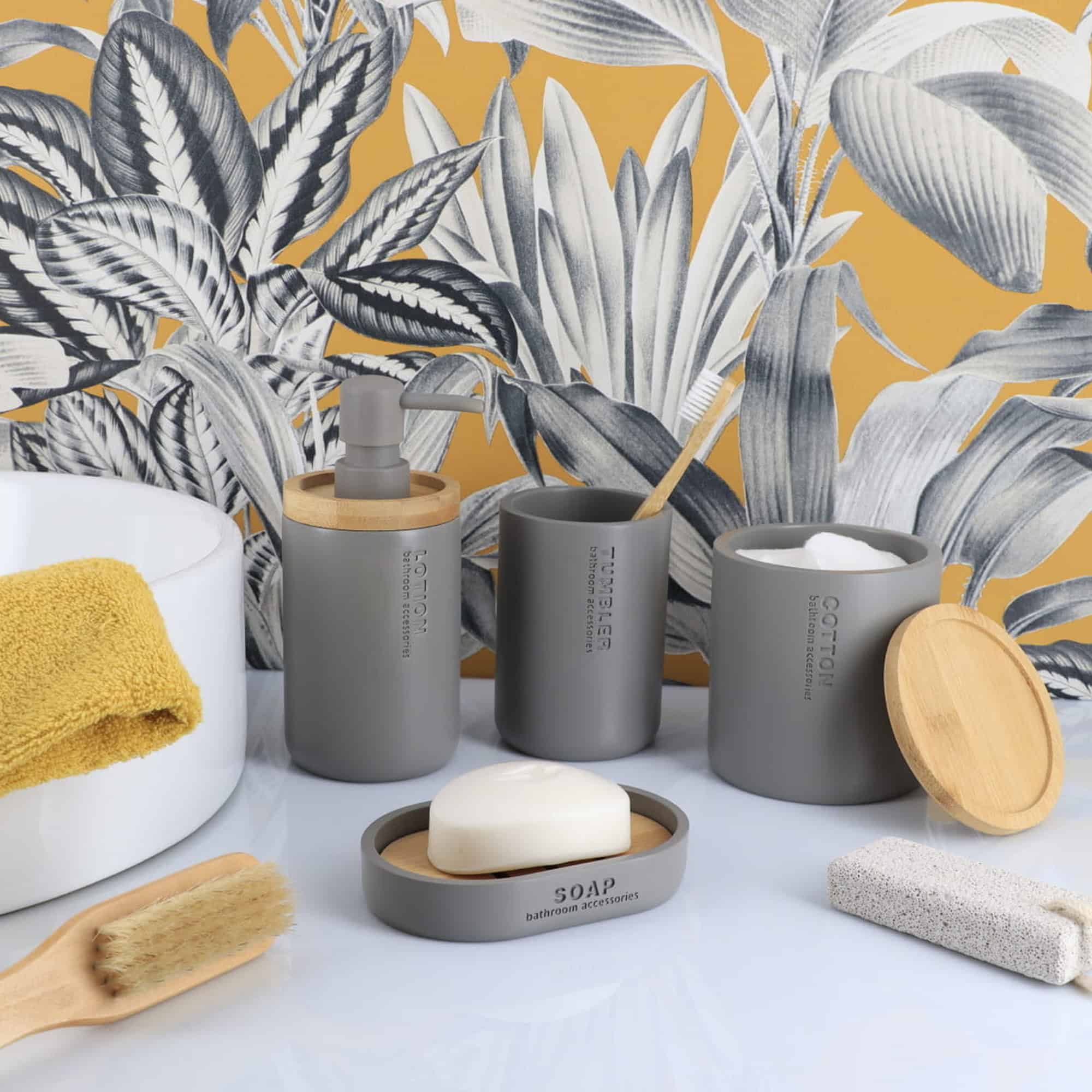 evideco-set-salle-de-bain-gris-bambou-5-pi-ces-accessoires-complet image 2