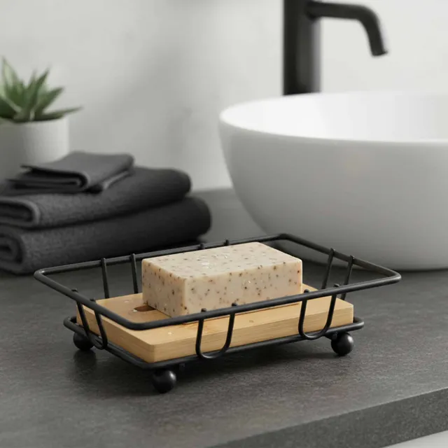 evideco-porte-savon-bambou-m-tal-noir-ajour-salle-de-bain image 1