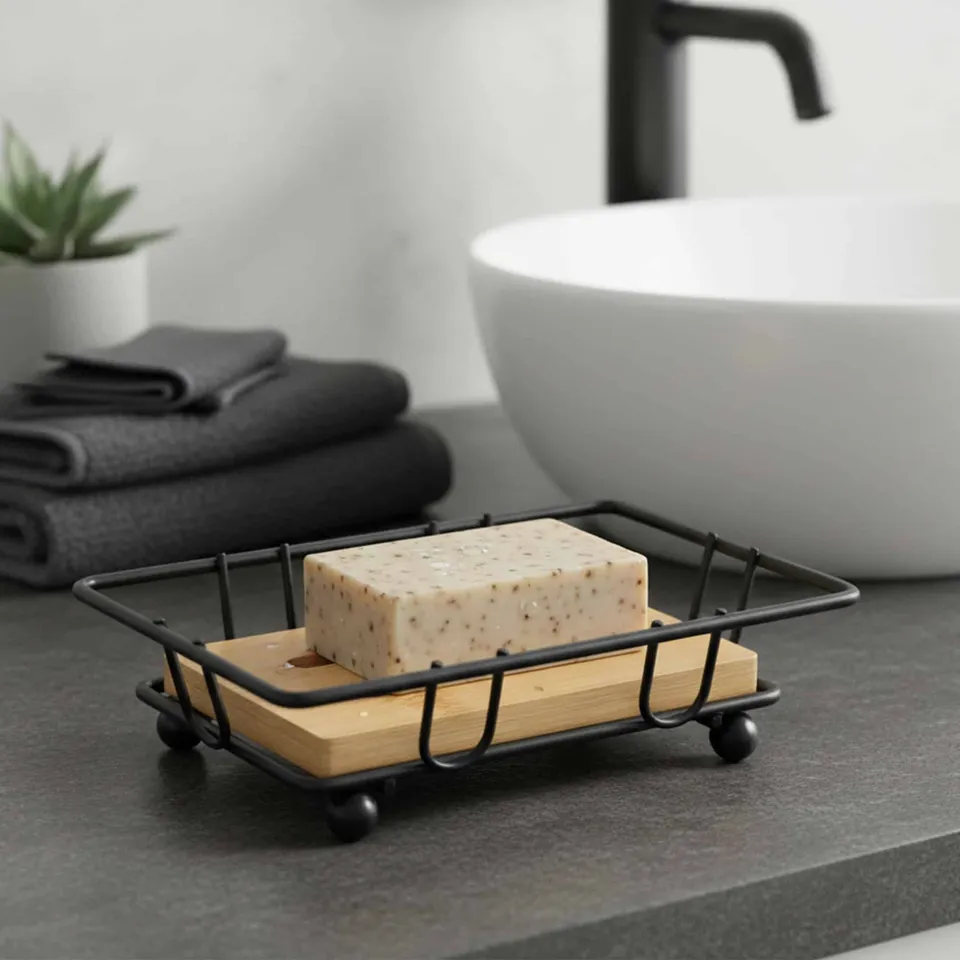 evideco-porte-savon-bambou-m-tal-noir-ajour-salle-de-bain image 1