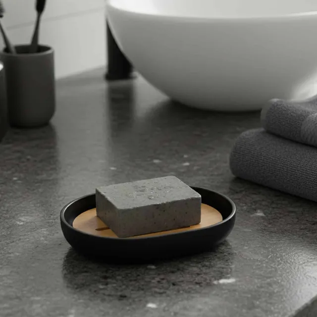 evideco-padang-porte-savon-noir-plateau-bambou-gouttoir image 1