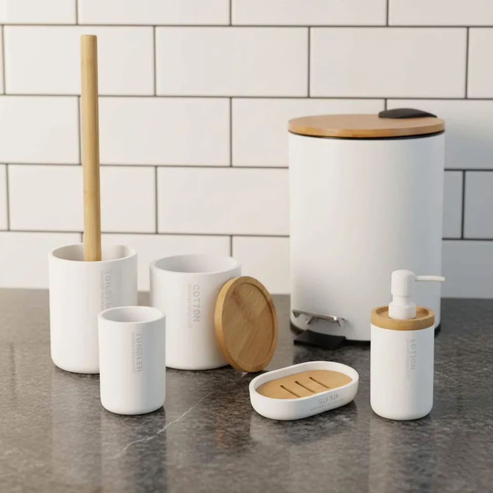 evideco-bathroom-accessories-set-salle-de-bain-blanc-6-pi-ces-bambou image 1
