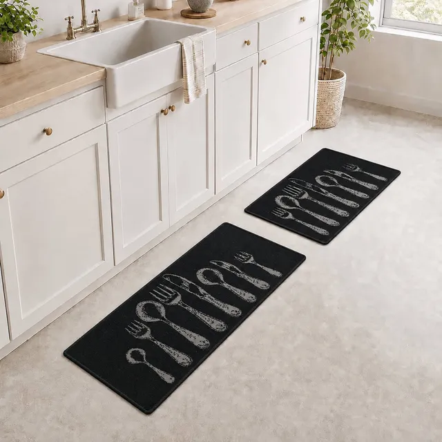 evideco-tapis-cuisine-noir-couverts-effet-laine-lot-de-2 image 1