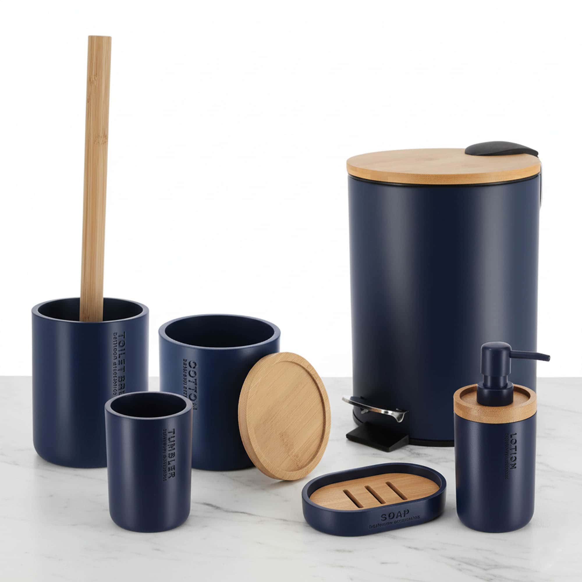 evideco-bleu-marine-6-pi-ces-set-salle-de-bain-bambou image 1