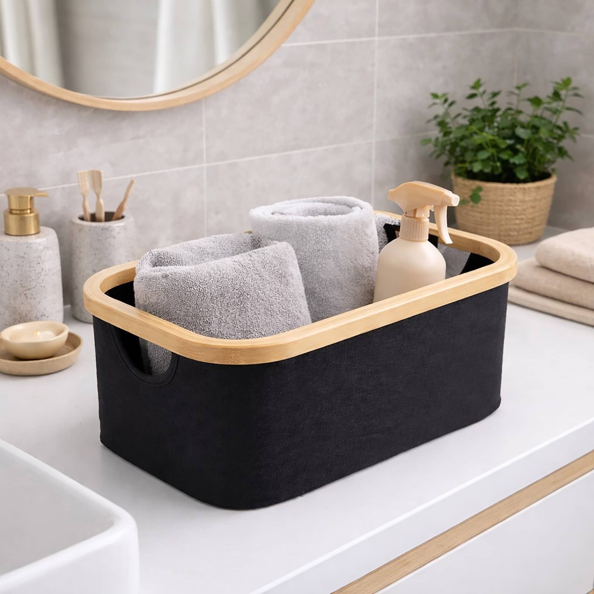 evideco-bathroom-storage-panier-pliable-noir-bambou-15x10x7 image 1