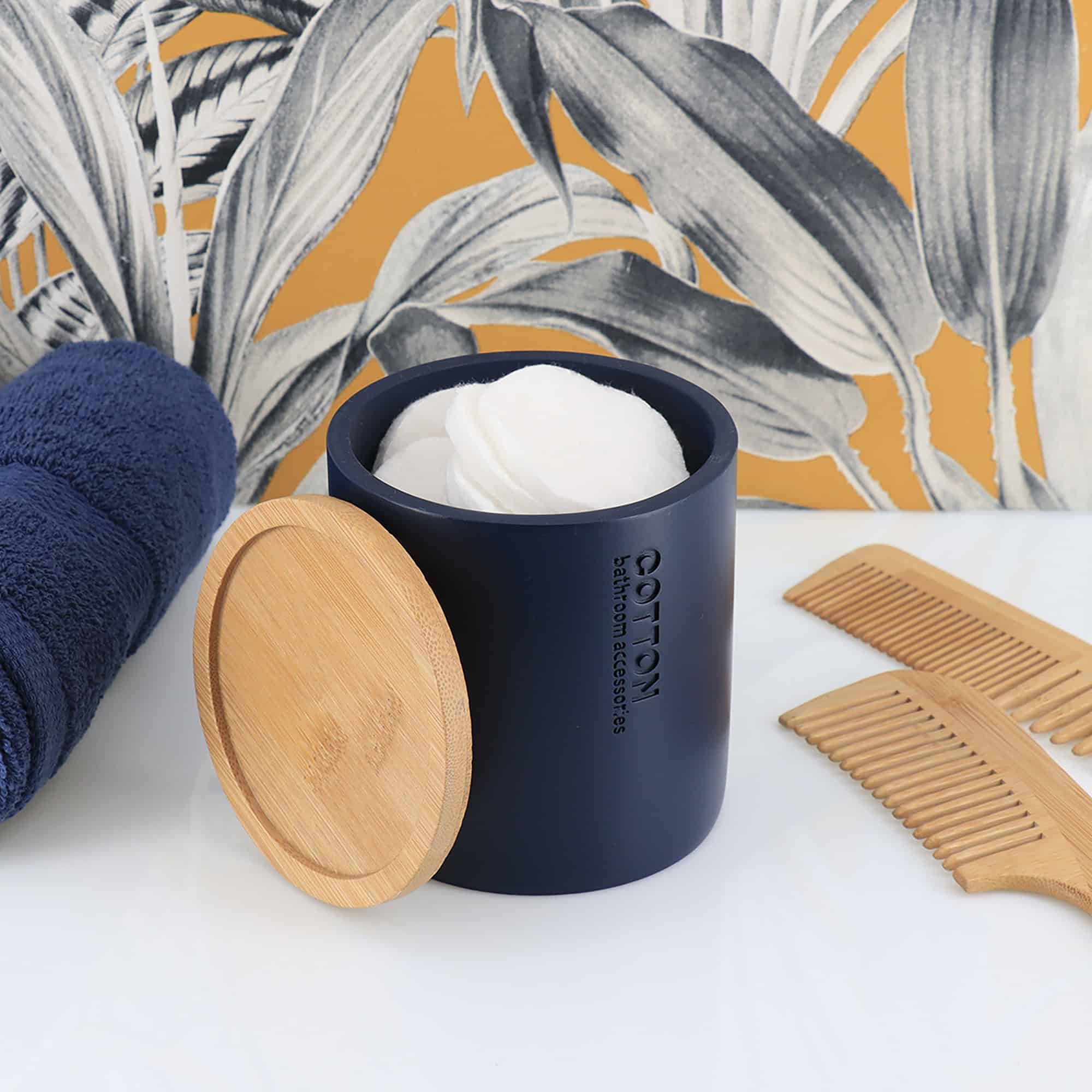 evideco-bo-te-coton-tige-bleu-marine-bambou-polyresine image 1