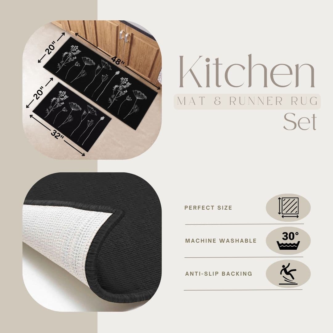evideco-home-accessories-tapis-cuisine-noir-gris-fleurs-lot-2-lavable image 3