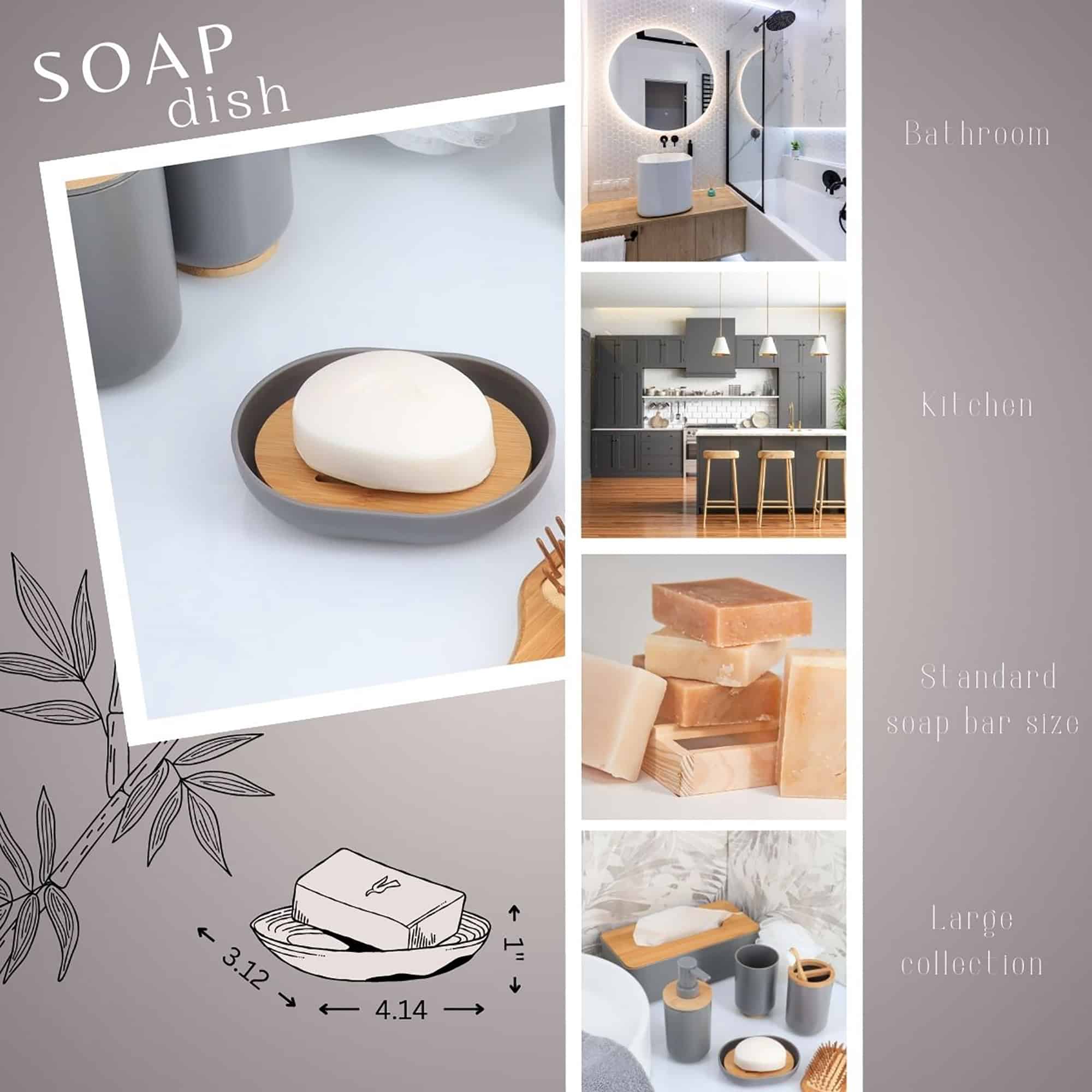 evideco-porte-savon-gris-plateau-bambou-gouttoir-plastique image 4