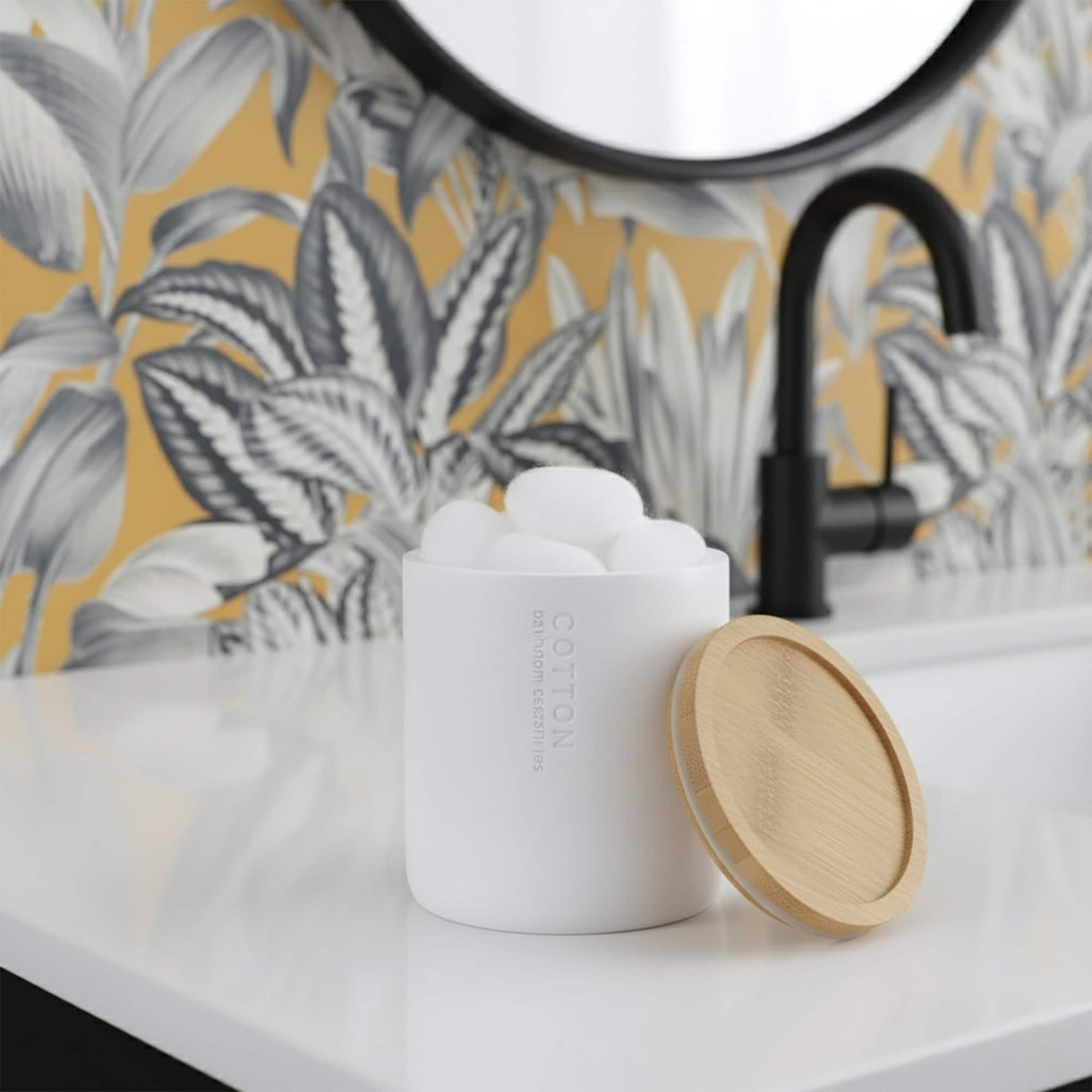 evideco-pot-coton-blanc-mat-couvercle-bambou-salle-de-bain image 1