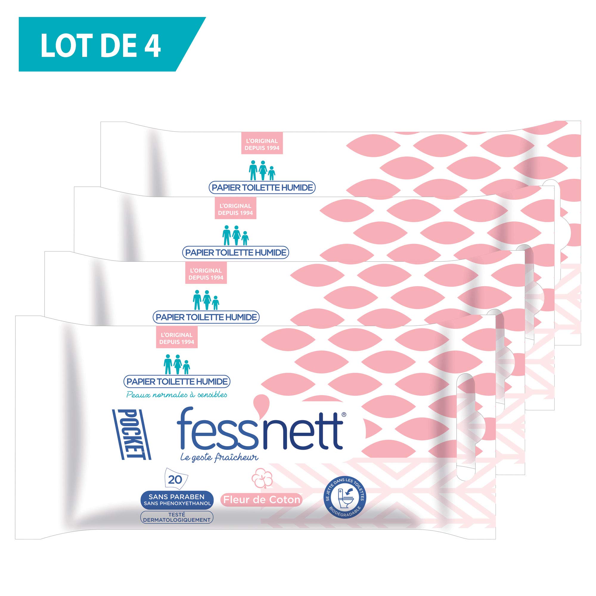 fess-nett-pocket-papier-toilette-humide-coton-lot-de-4-x20 image 1