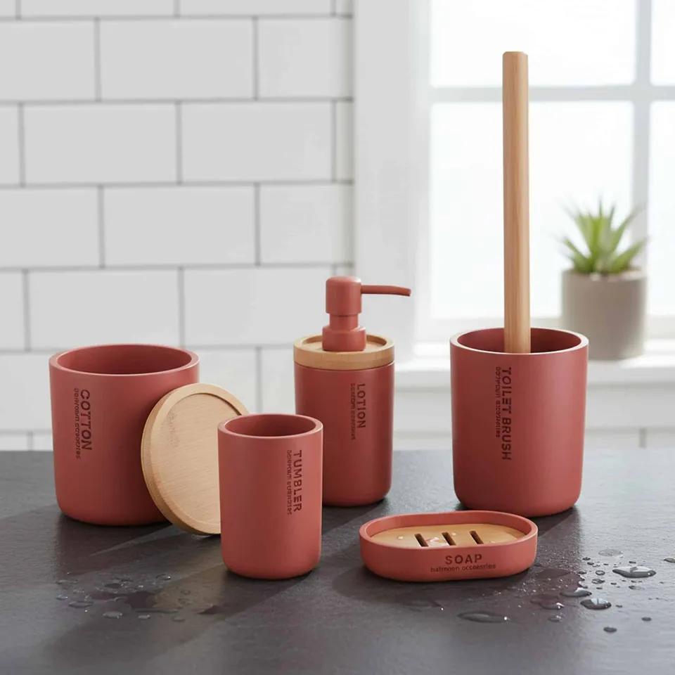 evideco-toilet-seats-set-salle-de-bain-terracotta-bambou-5-pi-ces image 1