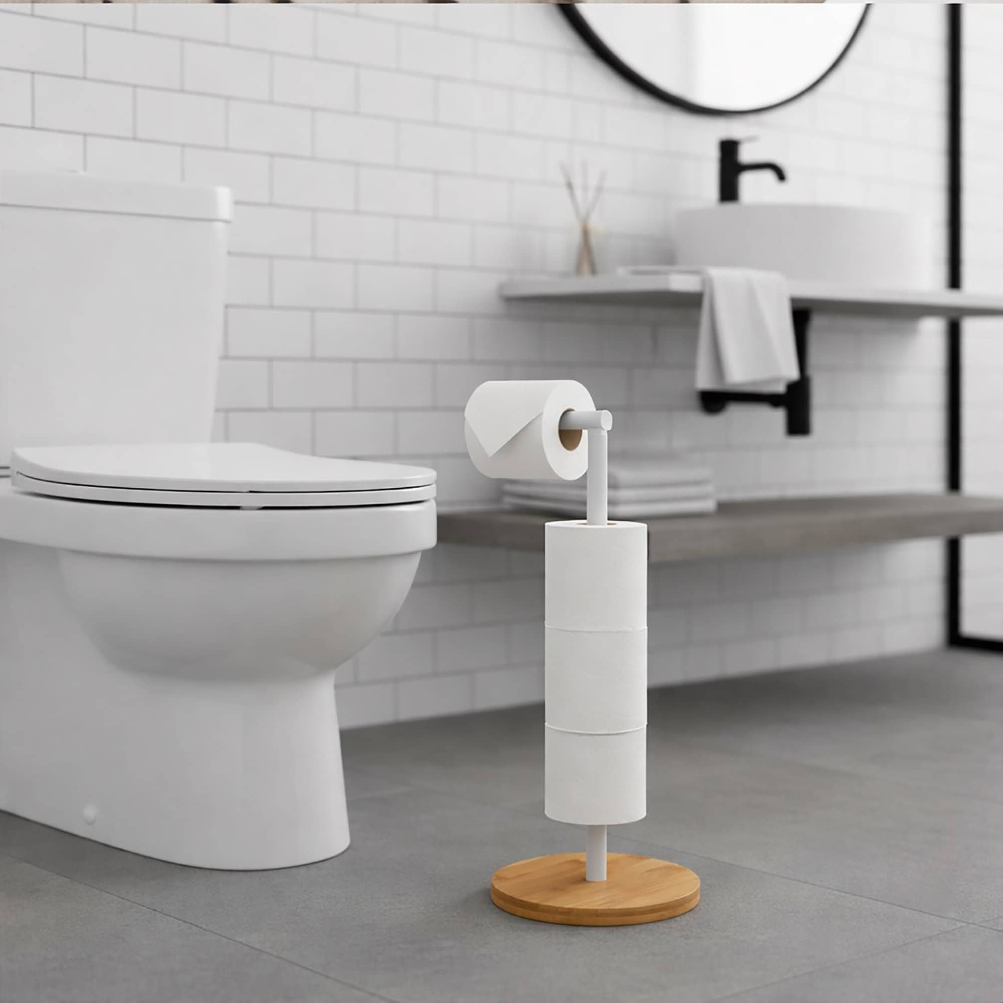 evideco-d-rouleur-papier-toilette-blanc-sur-pied-bambou-4-rouleaux image 1