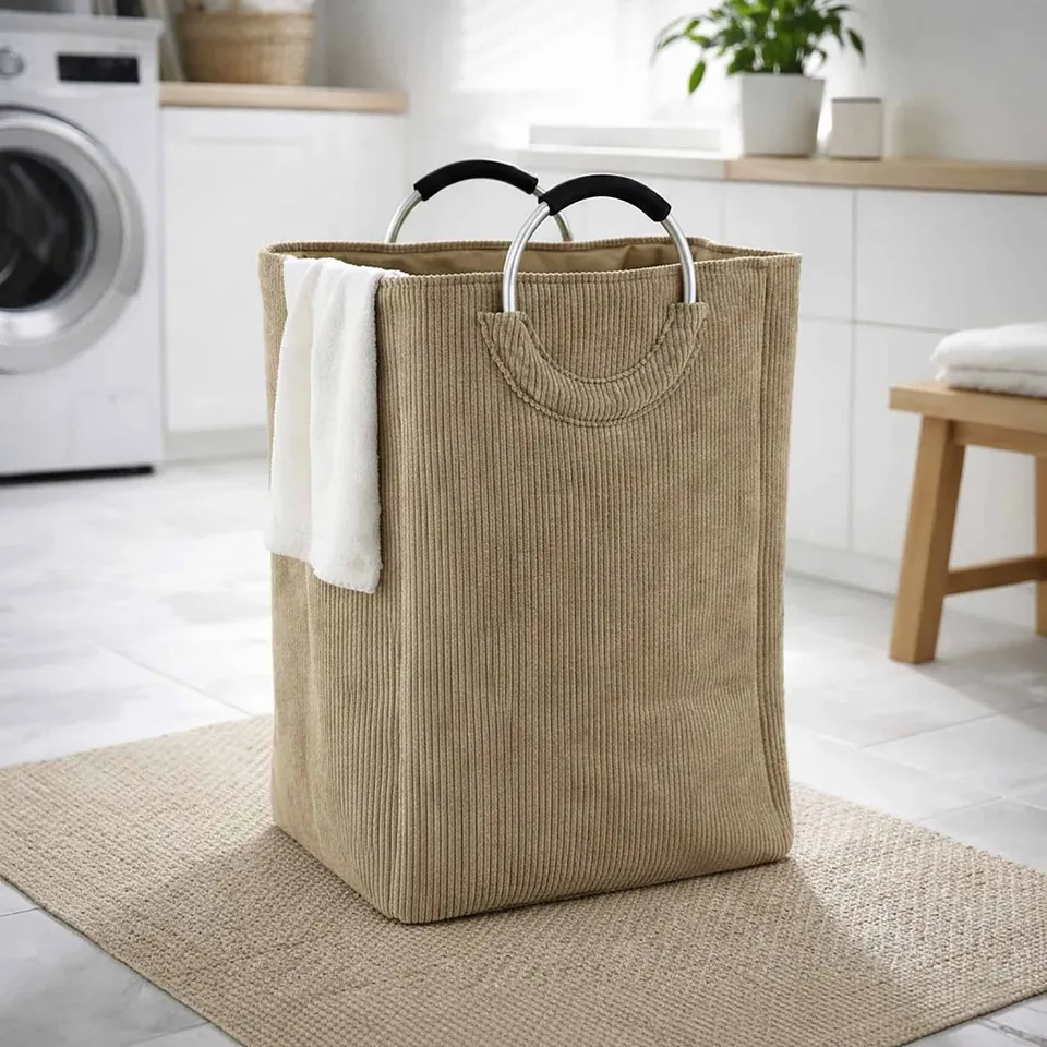 evideco-corduroy-panier-linge-beige-sable-55-l-velours image 1
