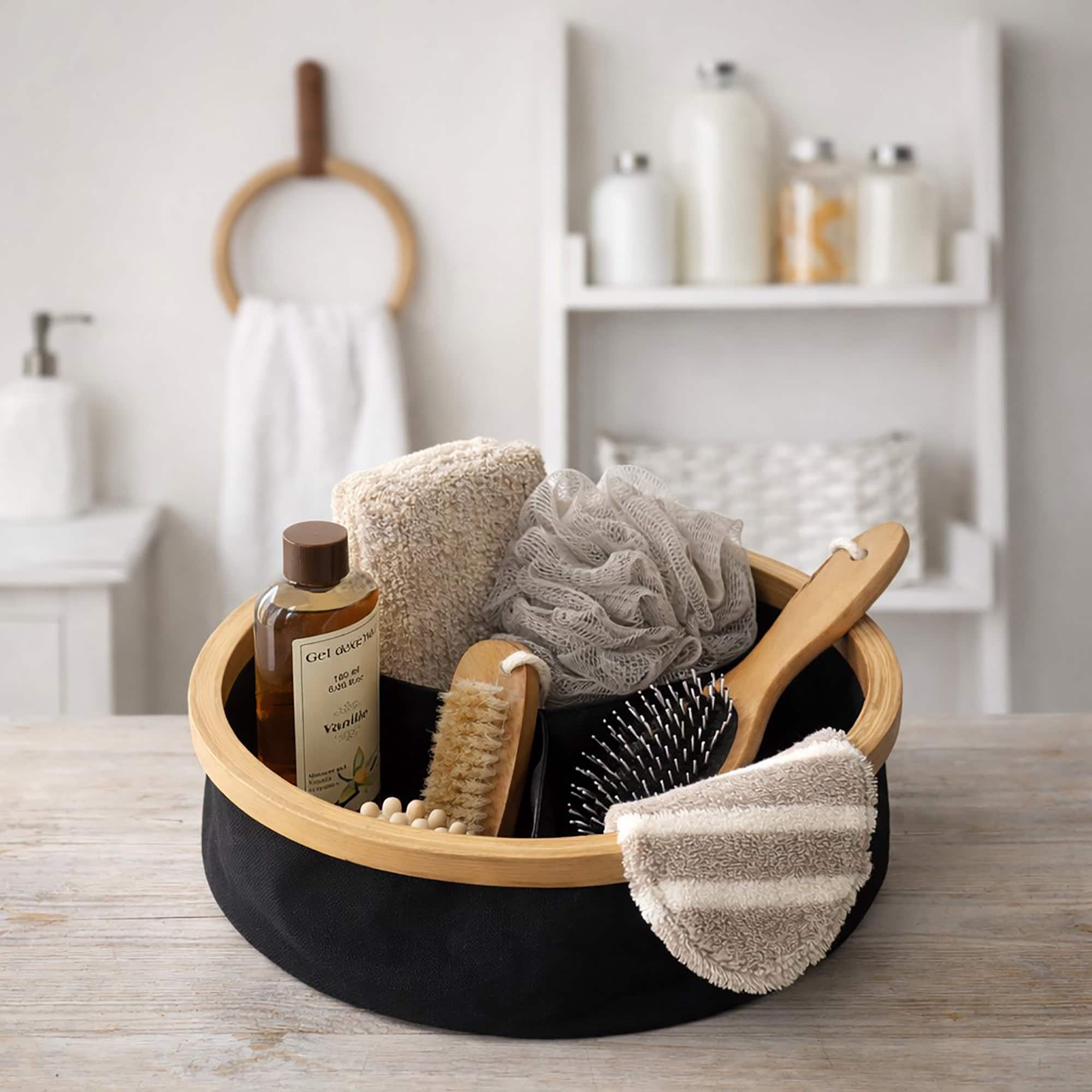 evideco-panier-de-rangement-rond-noir-pliable-3-compartiments-bambou image 2