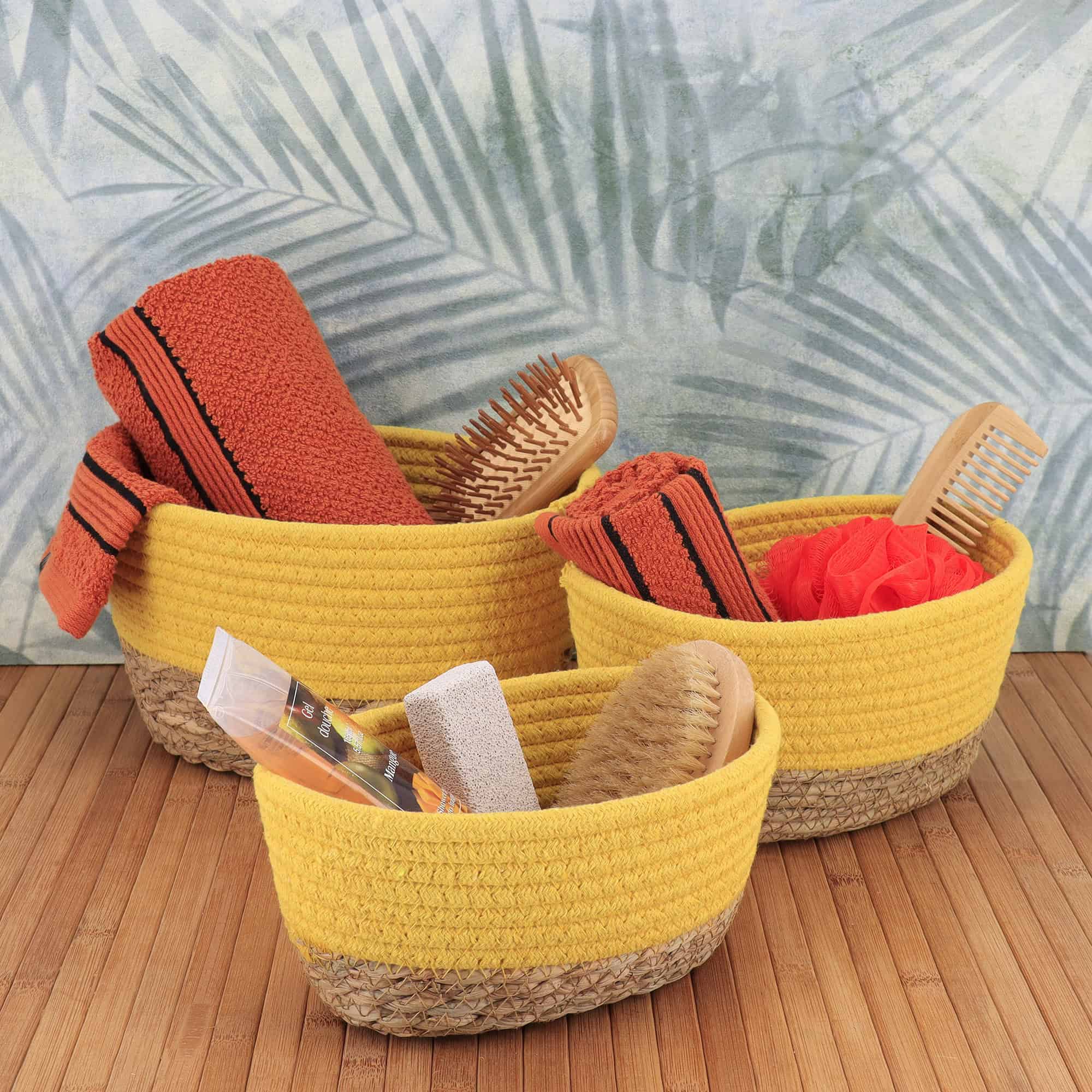 evideco-bathroom-storage-paniers-coton-jaune-empilables-lot-de-3 image 3