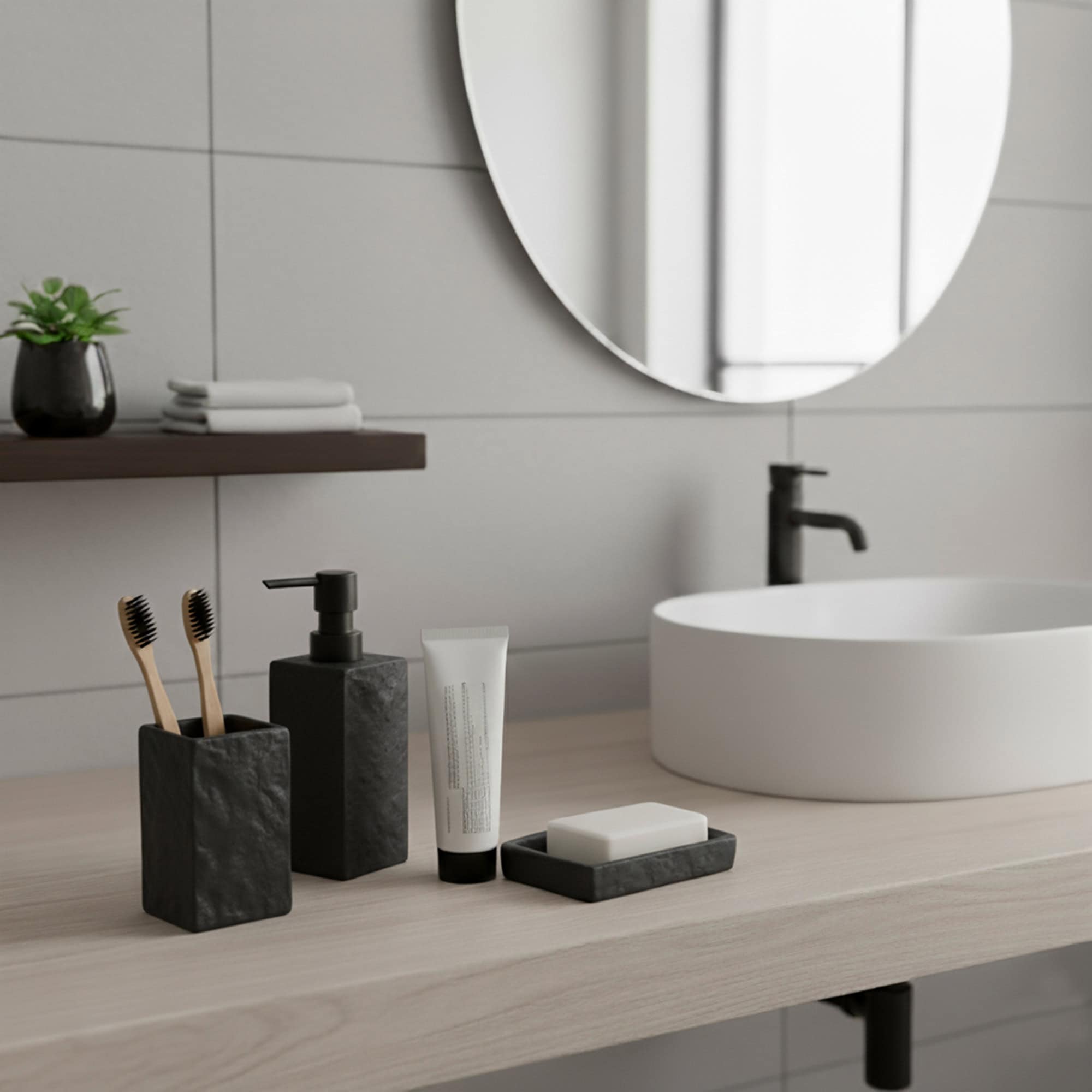 evideco-stone-effect-set-accessoires-salle-de-bain-noir-4-pi-ces image 2