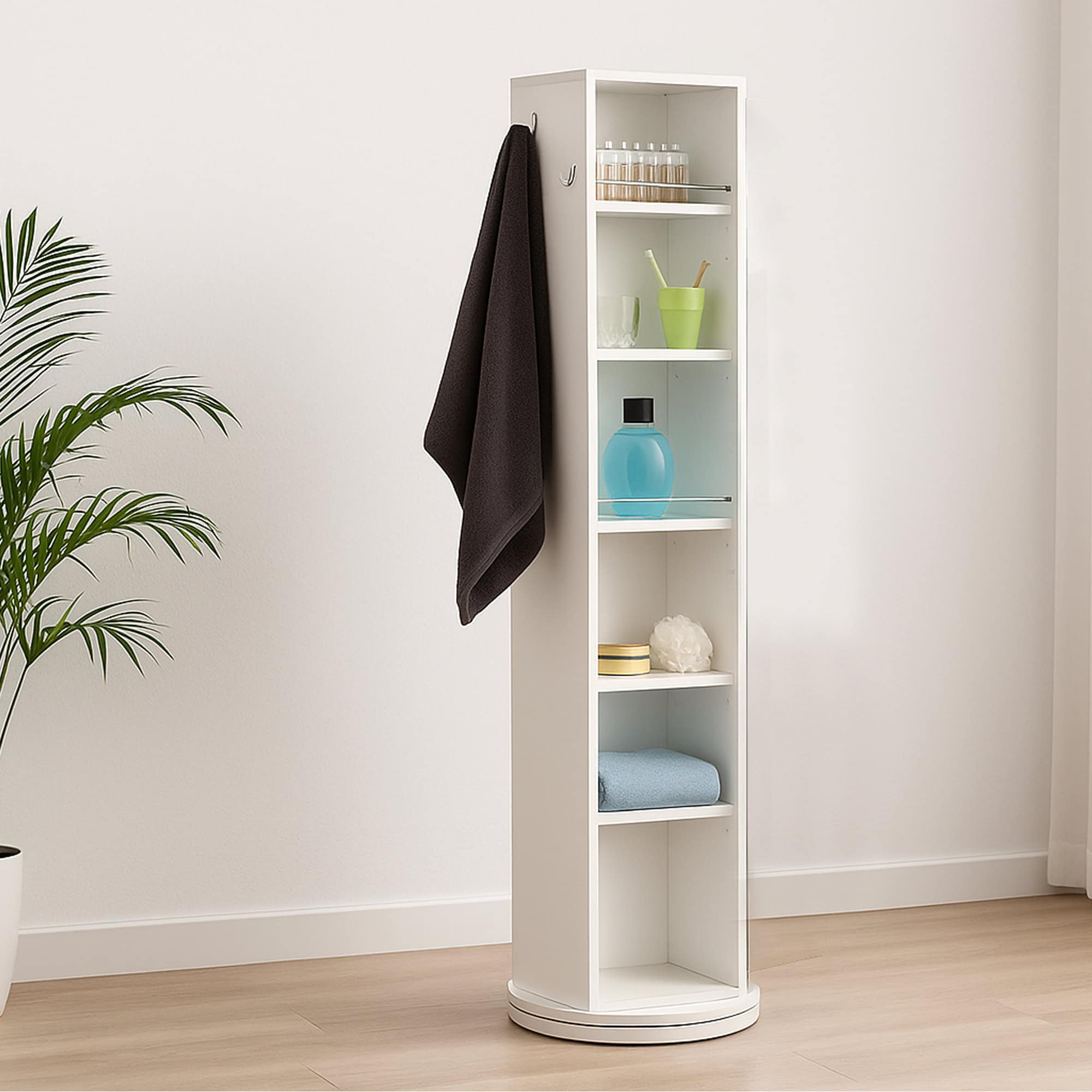 evideco-colonne-salle-de-bain-pivotante-miroir-blanc-6-tag-res image 2