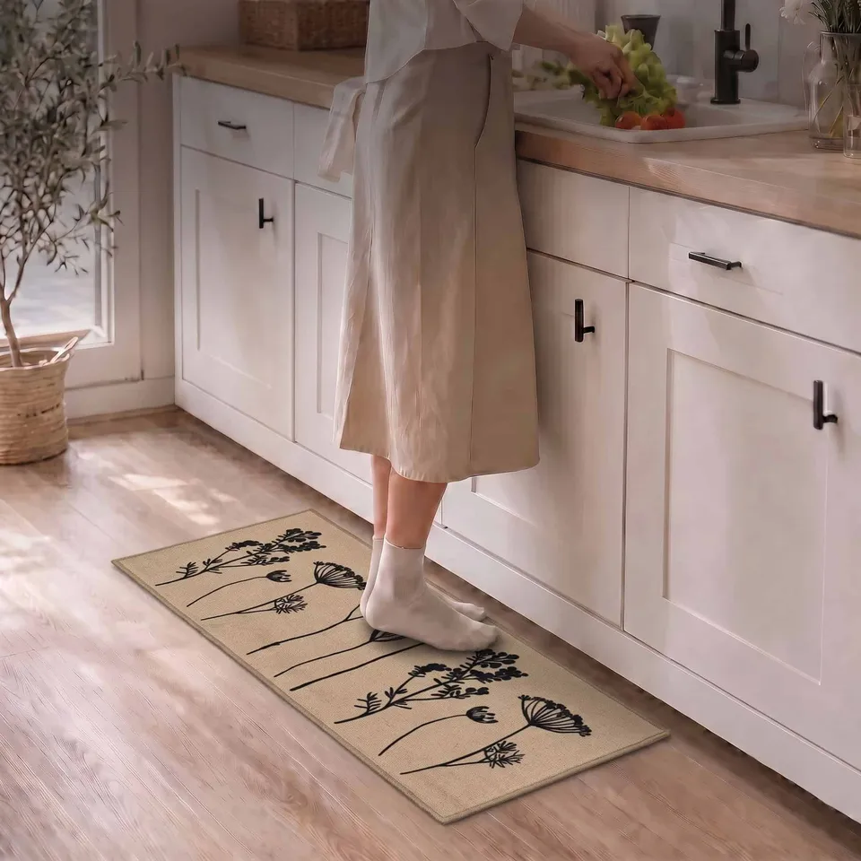 evideco-home-accessories-tapis-cuisine-fleurs-beige-noir-122x51-cm image 1