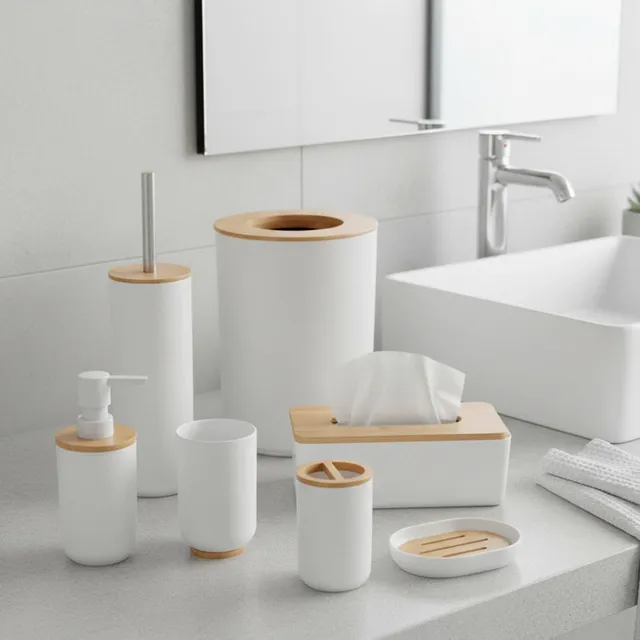 evideco-bathroom-accessories-ensemble-salle-de-bain-blanc-bambou-7-pi-ces image 1