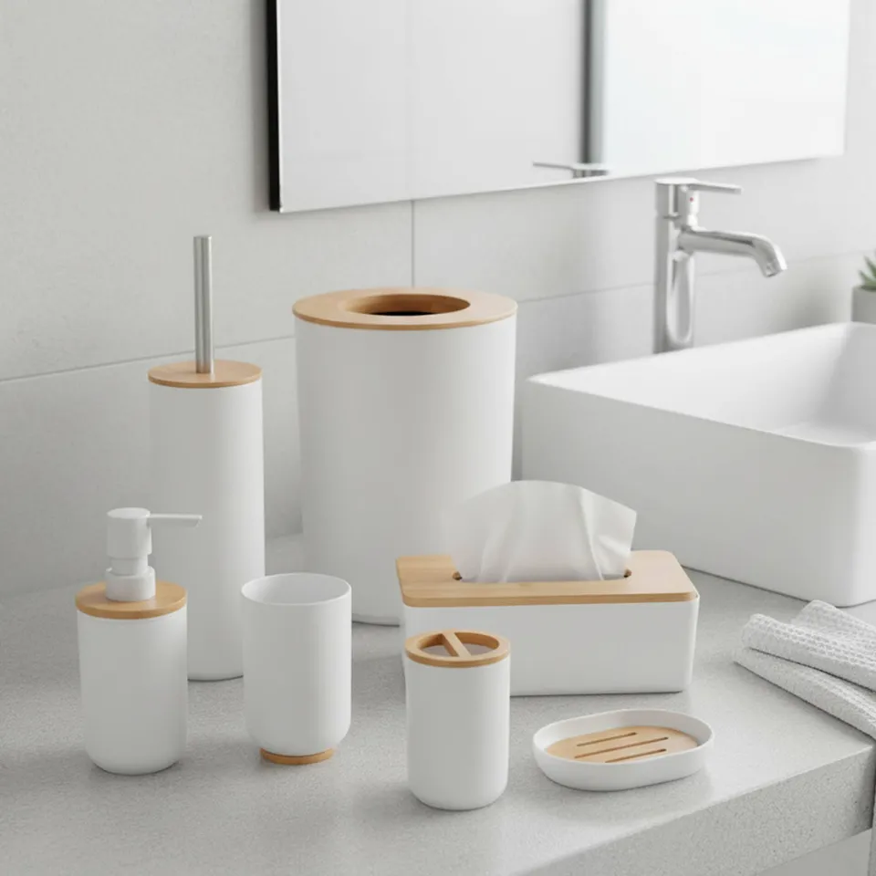 evideco-bathroom-accessories-ensemble-salle-de-bain-blanc-bambou-7-pi-ces image 1