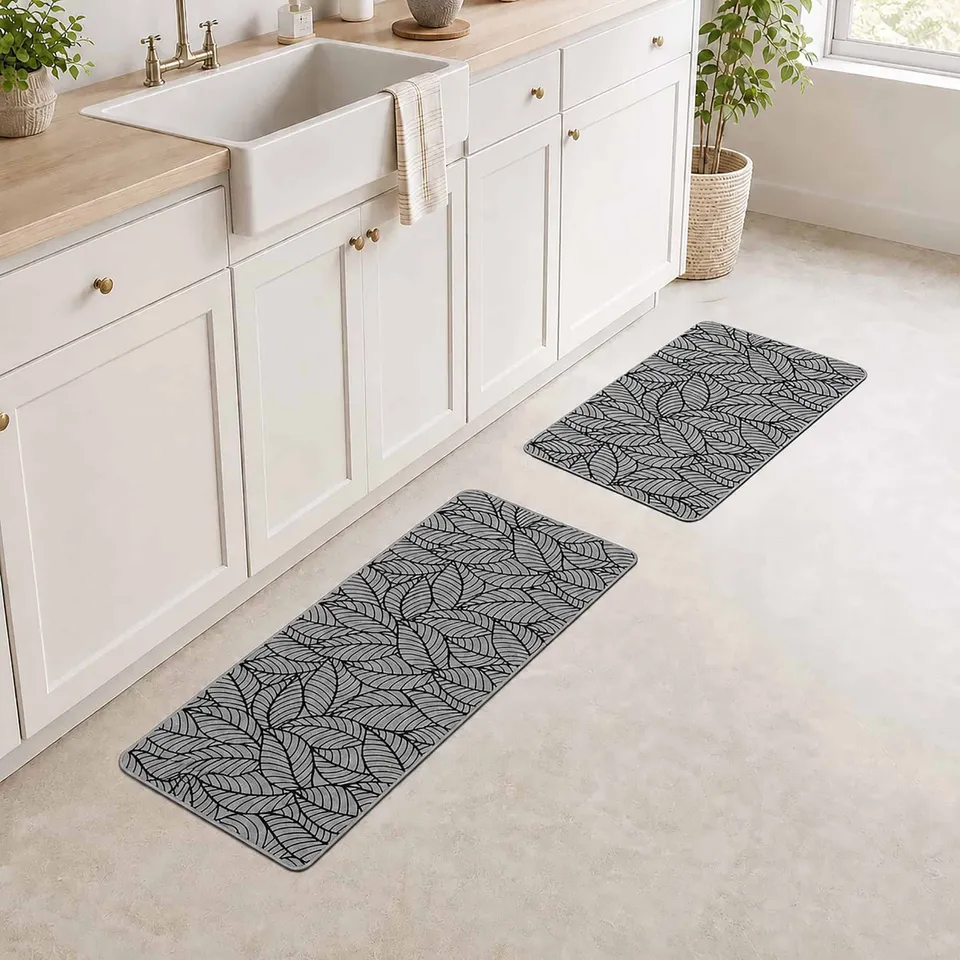 evideco-jungle-tapis-de-cuisine-feuilles-grises-lot-2-antid-rapant image 1