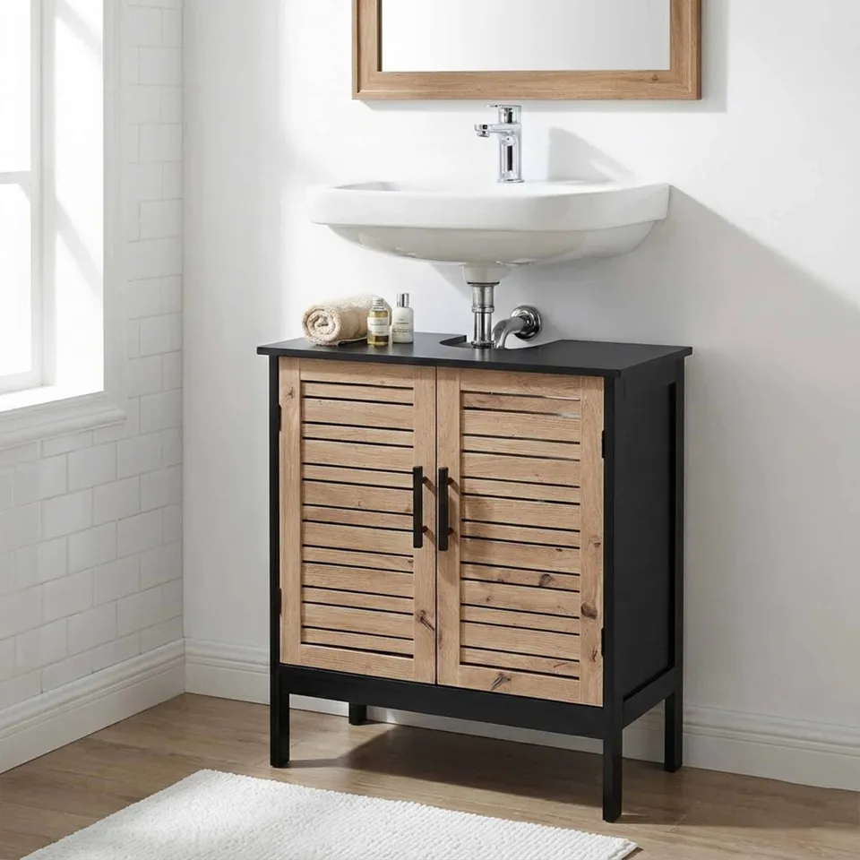 evideco-bergen-meuble-sous-lavabo-noir-marron-2-portes-ajour-es image 1