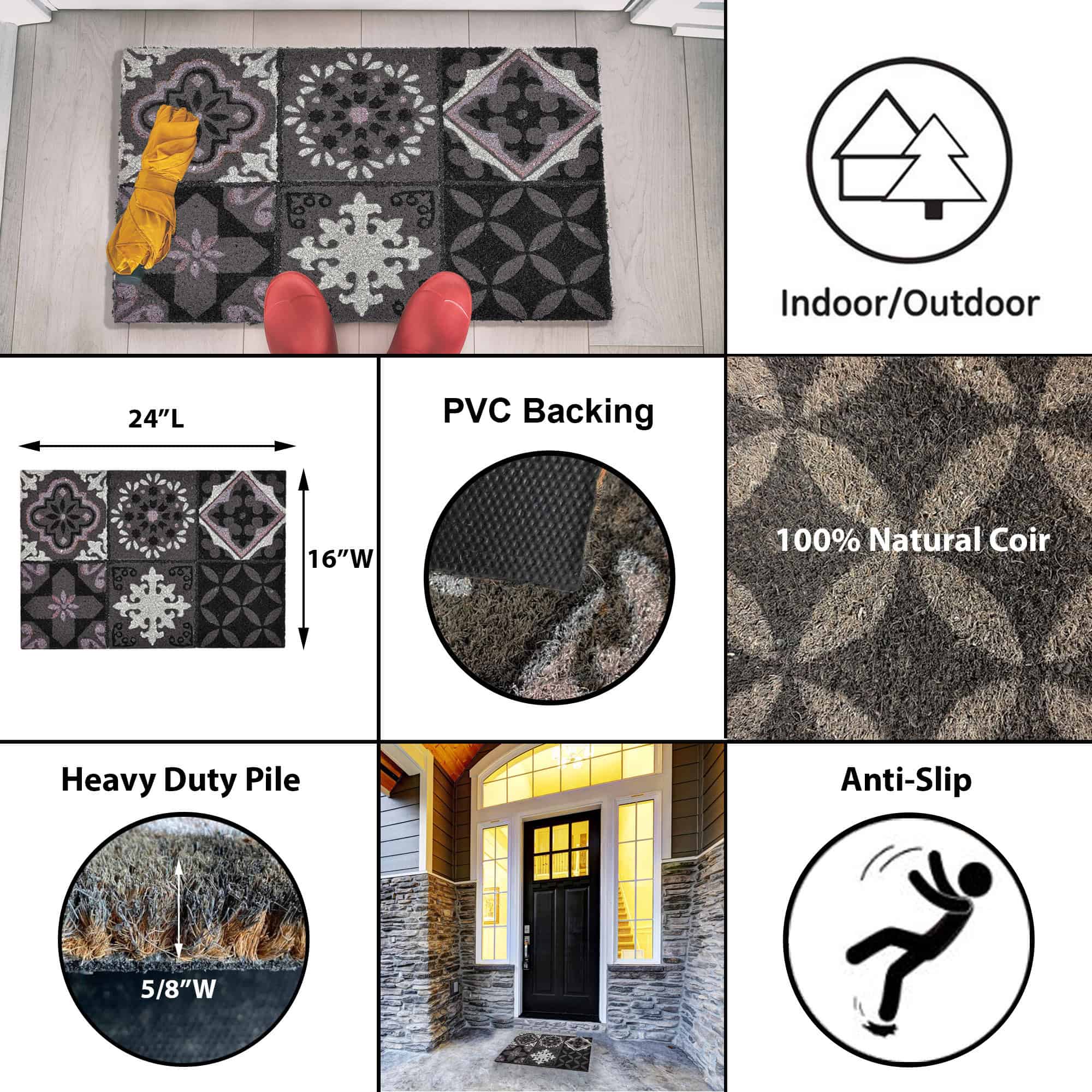 evideco-paillasson-coco-gris-motif-carreaux-ciment-60x40 image 3
