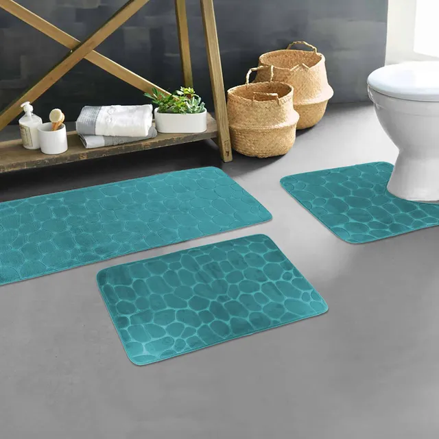 evideco-tapis-salle-de-bain-m-moire-3-pi-ces-bleu-paon image 1