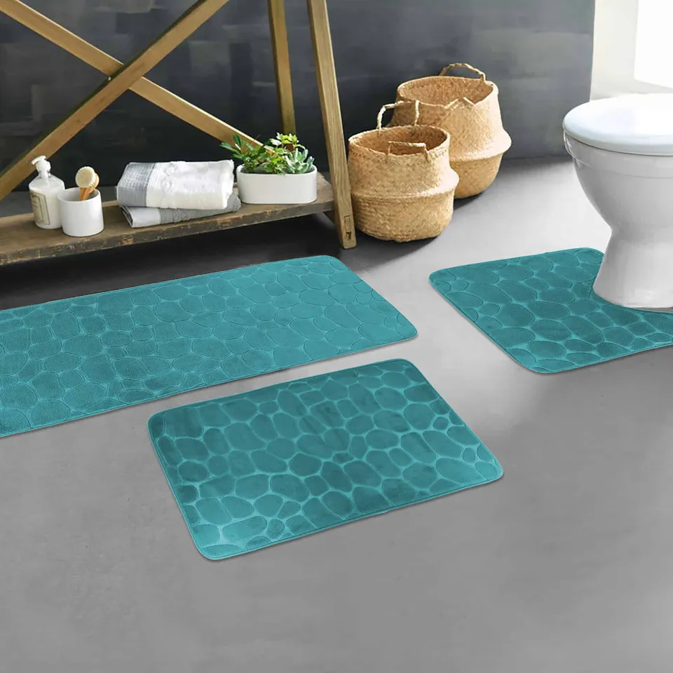 evideco-tapis-salle-de-bain-m-moire-3-pi-ces-bleu-paon image 1