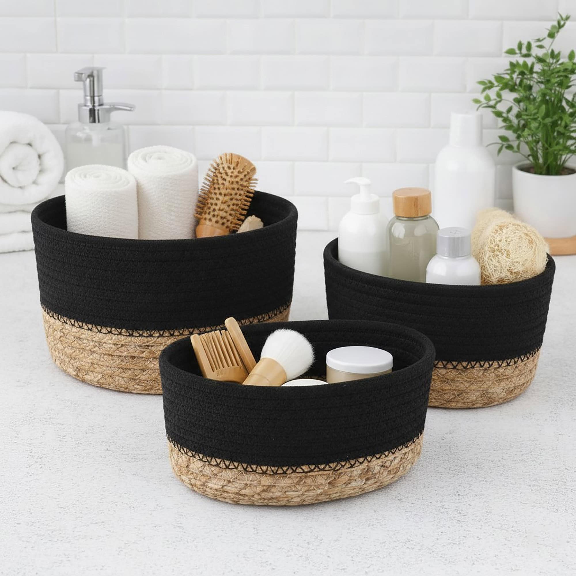 evideco-bathroom-storage-panier-coton-noir-lot-3-empilable image 1