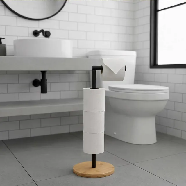 evideco-porte-papier-toilette-sur-pied-noir-base-bambou-4-rouleaux image 1