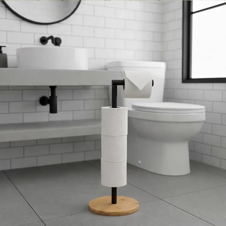 evideco-porte-papier-toilette-sur-pied-noir-base-bambou-4-rouleaux image 1