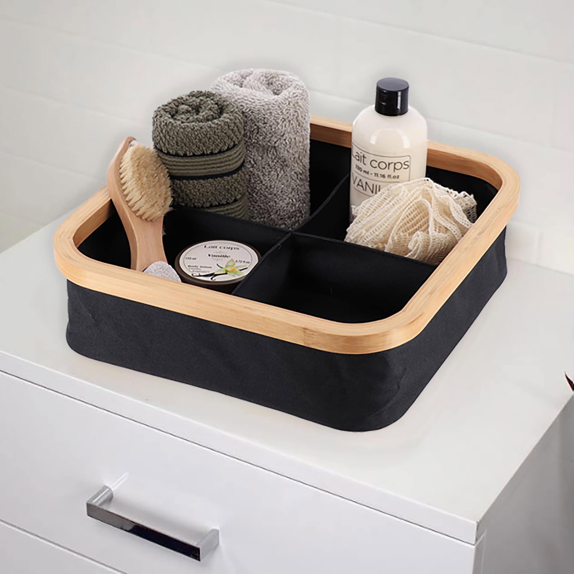 evideco-panier-rangement-pliable-bambou-noir-4-compartiments image 2