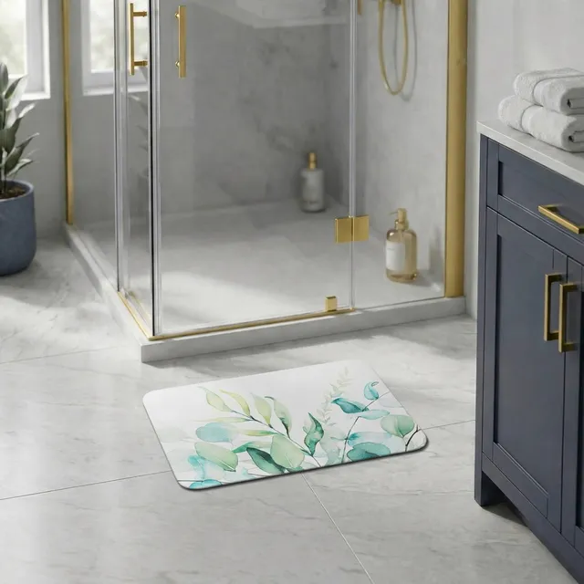 evideco-eucalyptus-mist-tapis-de-bain-60x45-cm-absorbant-blanc-vert image 1