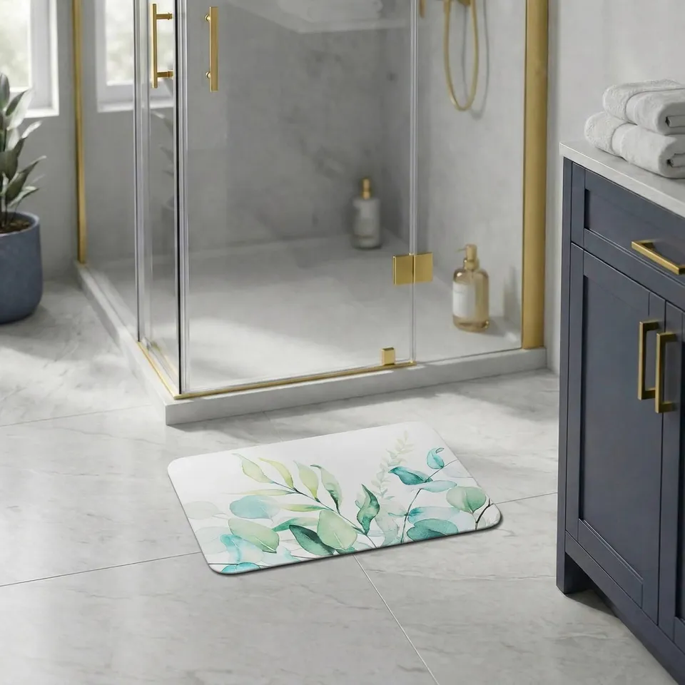evideco-eucalyptus-mist-tapis-de-bain-60x45-cm-absorbant-blanc-vert image 1