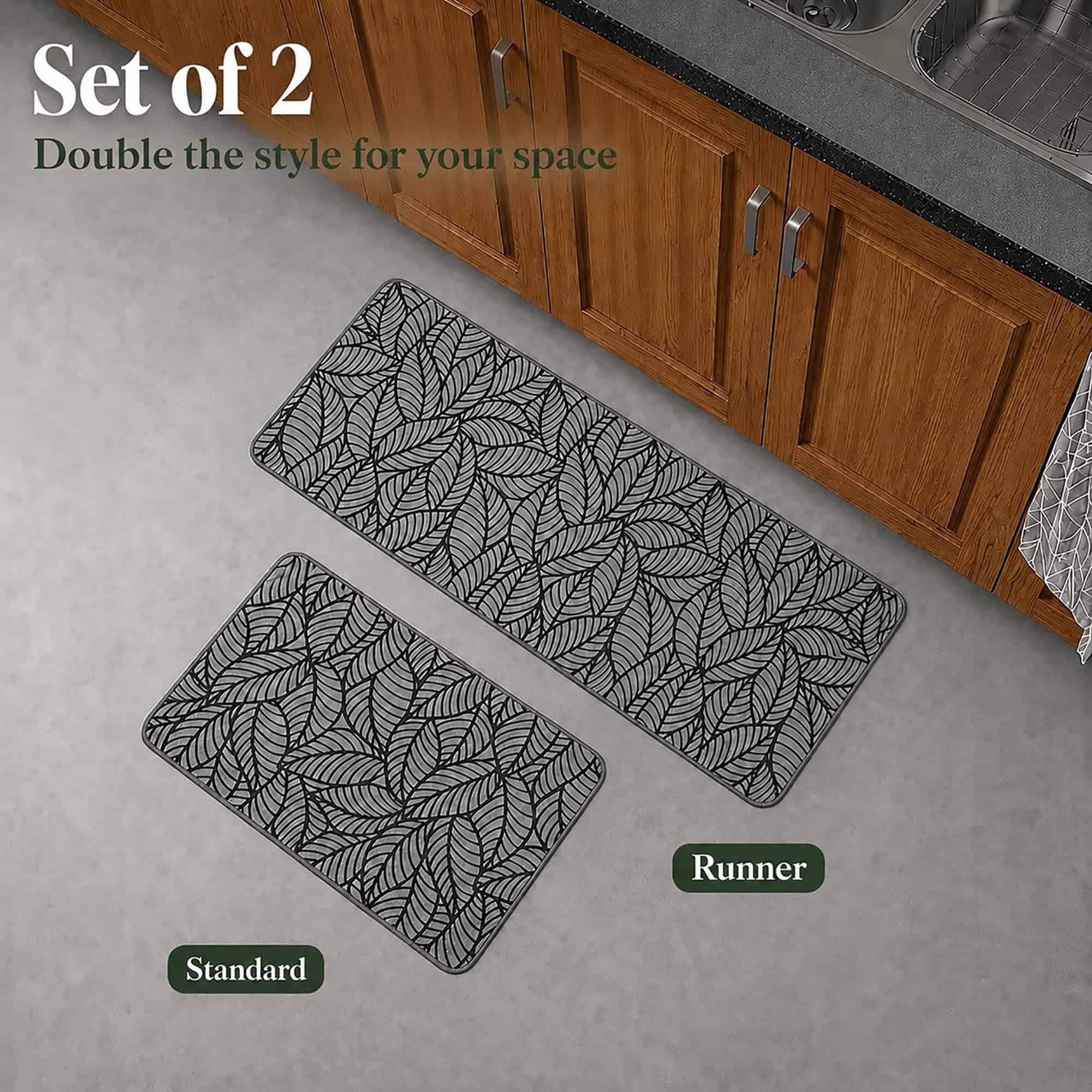 evideco-jungle-tapis-de-cuisine-feuilles-grises-lot-2-antid-rapant image 2