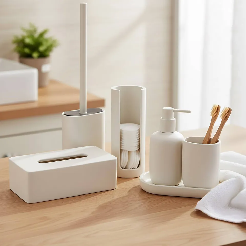 evideco-bathroom-accessories-ensemble-salle-de-bain-beige-6-pi-ces image 1