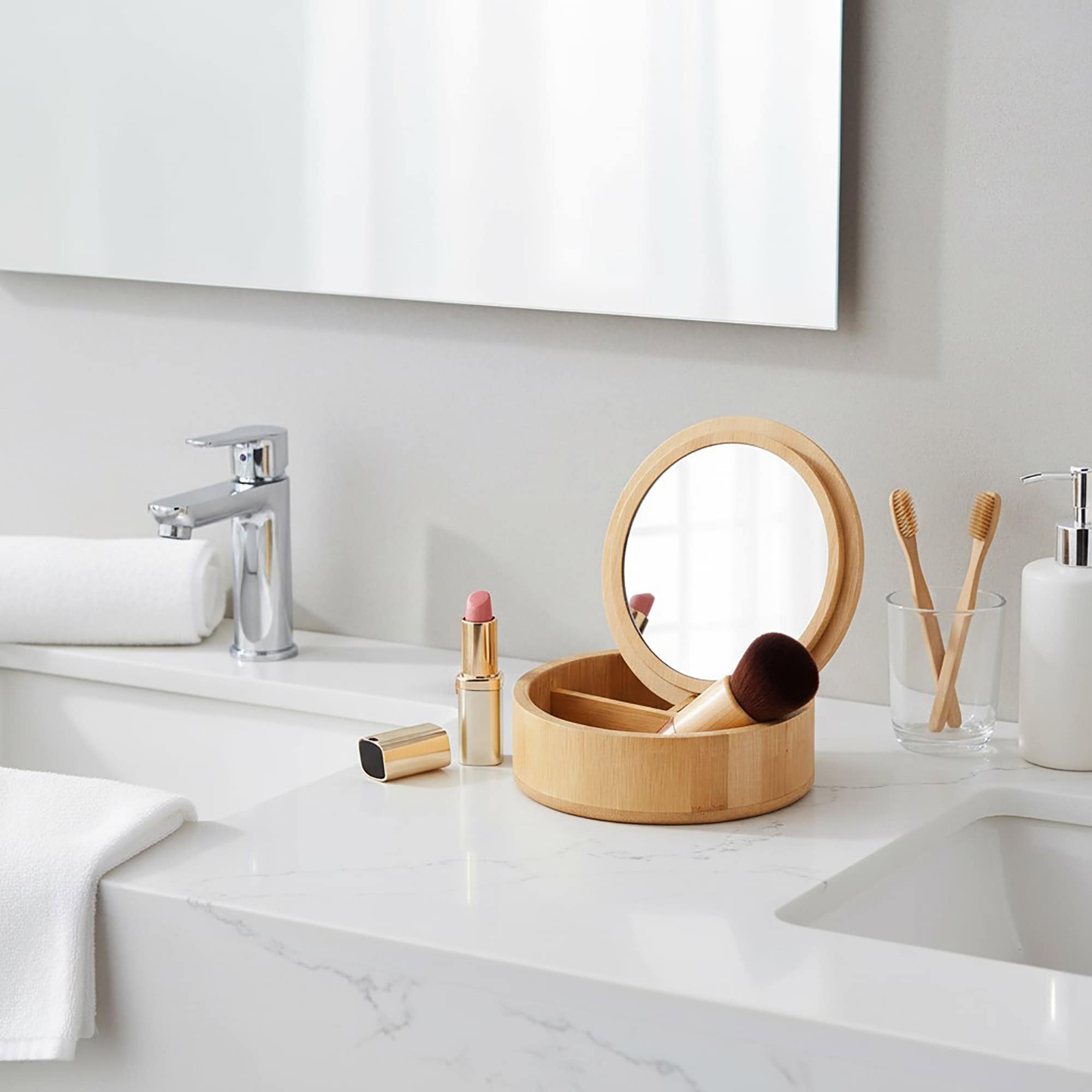 evideco-bathroom-bo-te-bambou-ronde-miroir-3-compartiments image 2