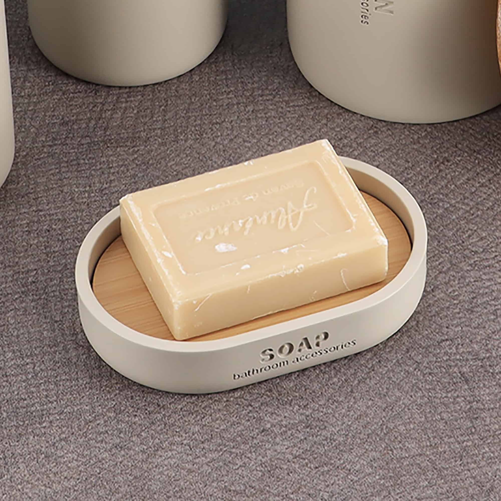 evideco-porte-savon-beige-mat-socle-bambou-polyresin image 1