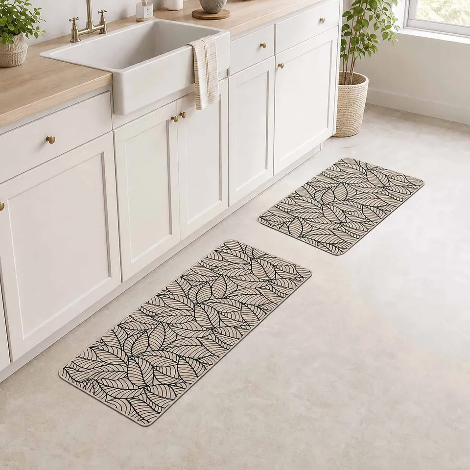 evideco-tapis-cuisine-feuilles-jungle-beige-lot-de-2 image 1