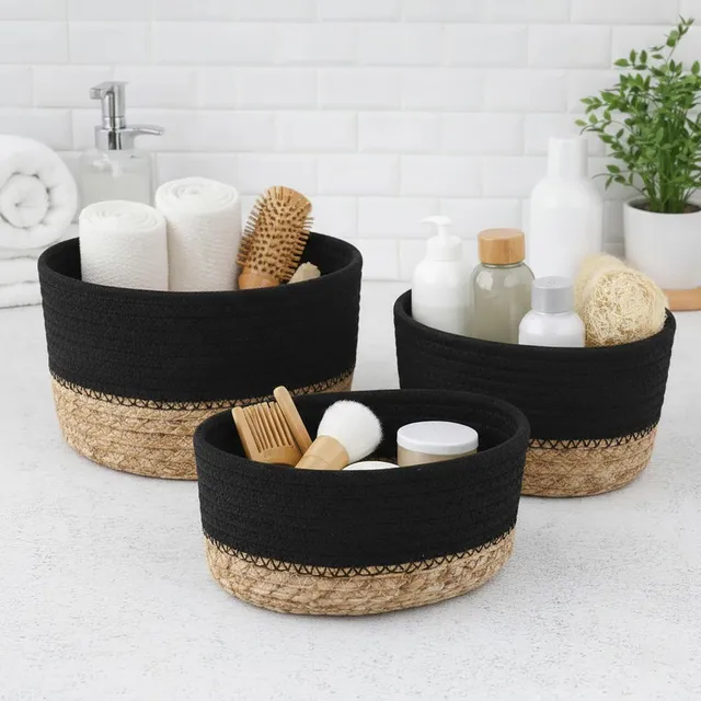 evideco-bathroom-storage-panier-coton-noir-lot-3-empilable image 1