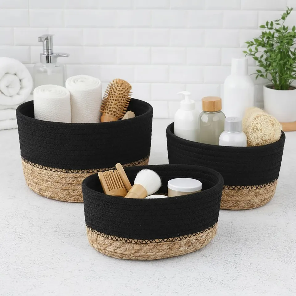 evideco-bathroom-storage-panier-coton-noir-lot-3-empilable image 1