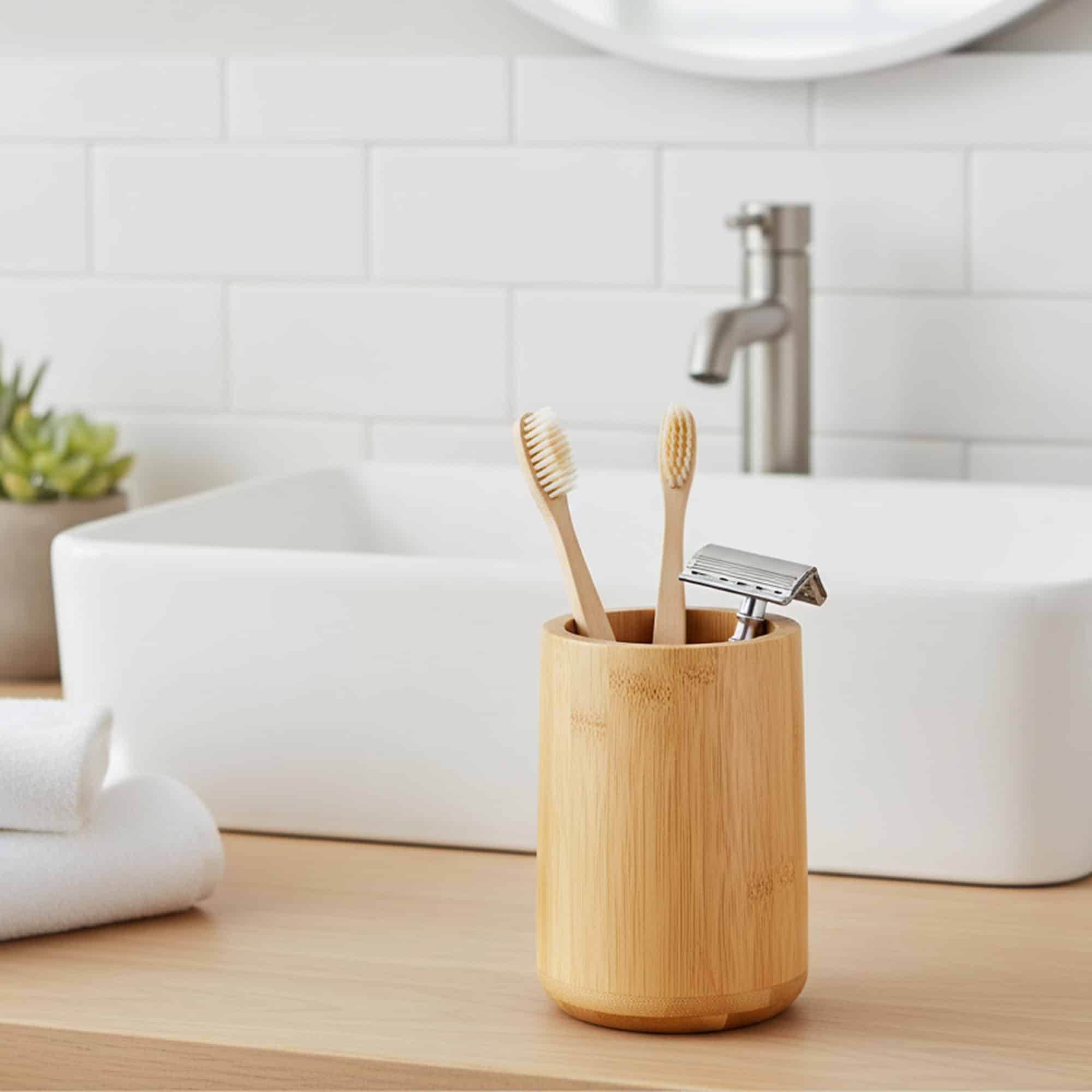 evideco-bathroom-gobelet-bambou-porte-brosse-dents-naturel image 1