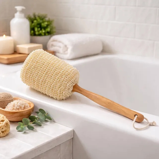 evideco-spa-wellness-eponge-douche-ramie-manche-bois-exfoliante image 1
