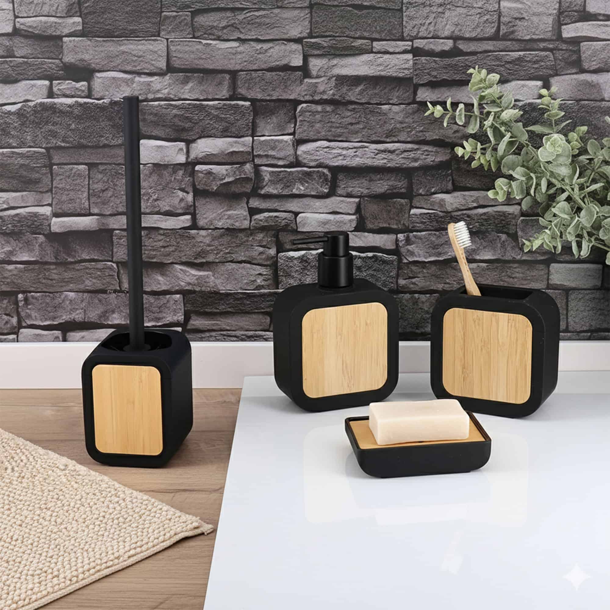 evideco-bathroom-accessories-set-salle-de-bain-noir-bambou-4-pi-ces image 1